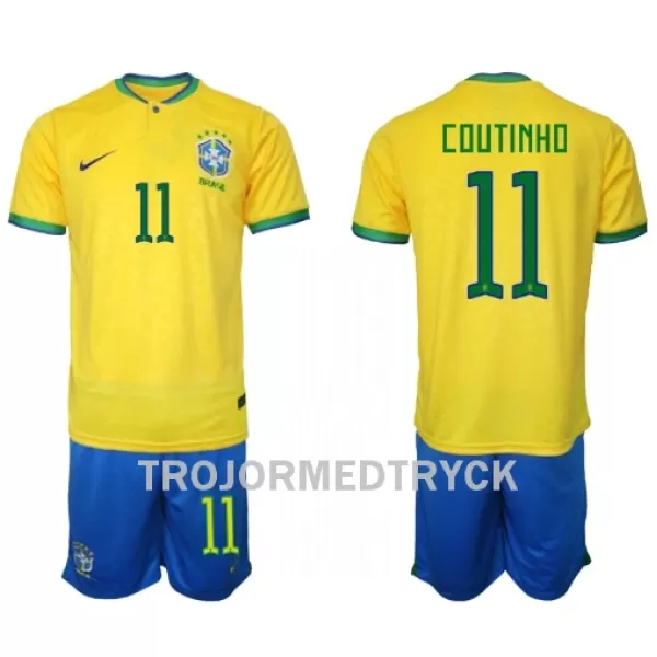 Brasilien Philippe Coutinho 11 VM 2022 Fotbollströja Barn Hemma