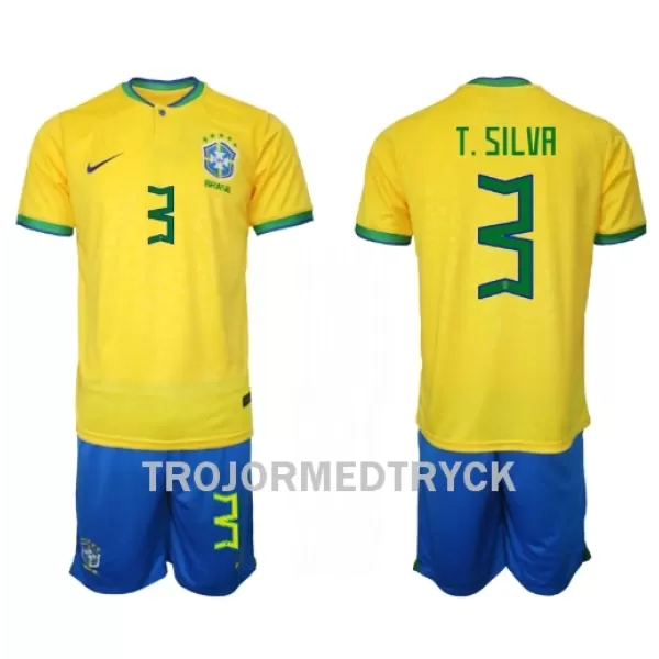 Brasilien Thiago Silva 3 VM 2022 Fotbollströja Barn Hemma